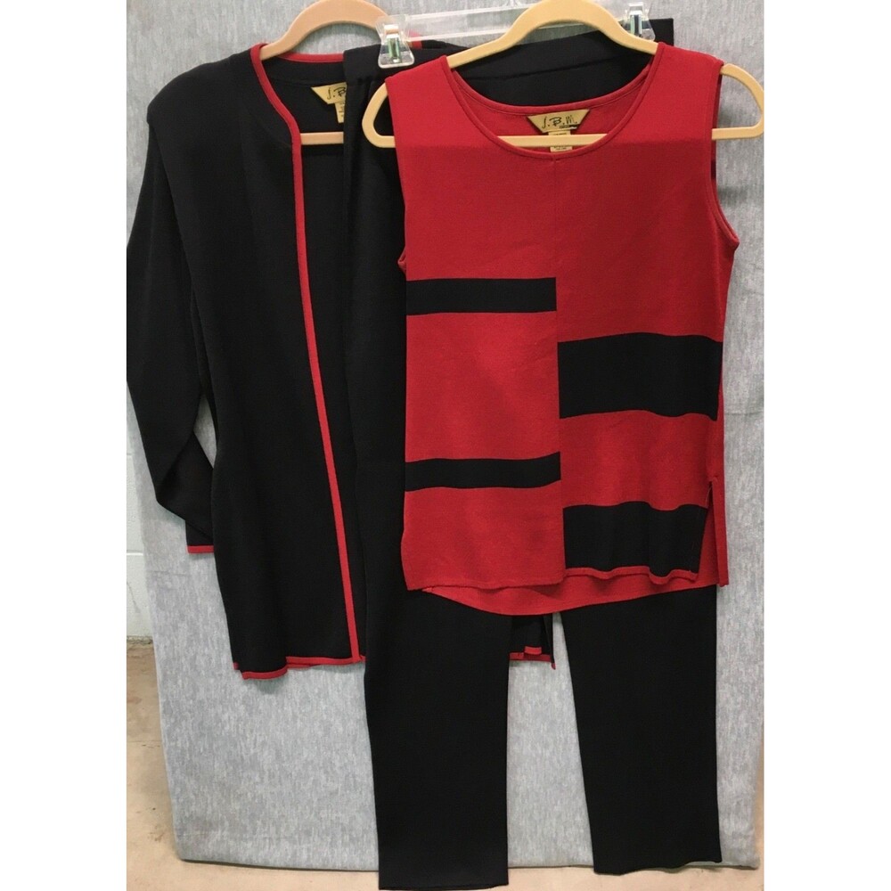 JBM Studio Women's M 3 Piece Cardigan Black W/ Red Trim Red Top Black Pants
